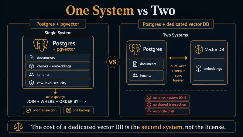 比较：Postgres 配合 pgvector 在一个库中持有文档、chunks、embeddings、租户和行级安全，一次查询完成回答；对比 Postgres 加上独立的向量数据库，需要双写保持同步