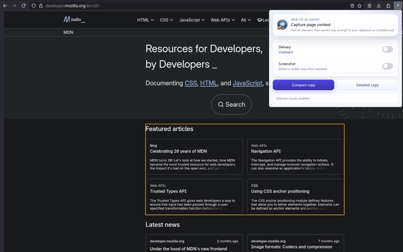 Web to AI Agent popup with delivery options and capture modes
