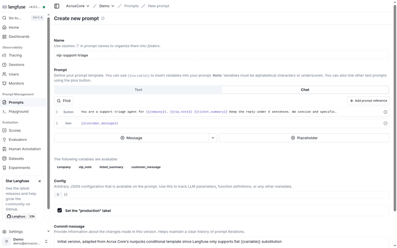 Langfuse's create-prompt screen with a commit message noting the prompt was adapted to flat variables since the platform only supports substitution, not conditionals