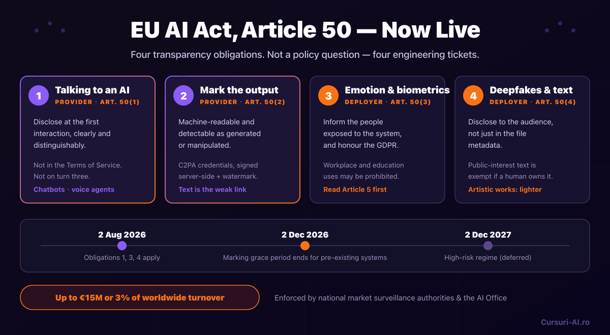 The four Article 50 transparency obligations mapped to what each one requires in a product