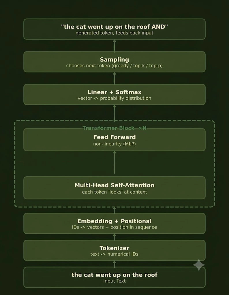 Diagram of phases where each rectangle in that diagram becomes, over the course of the series, its own phase with tests and implementation: Tokenizer (Phase 2), Embeddings and Positional Embeddings (Phases 3 and 4), Self-Attention and Multi-Head Attention (Phases 5 and 6), Feed Forward (Phase 7), and so on until text generation (Phase 13)