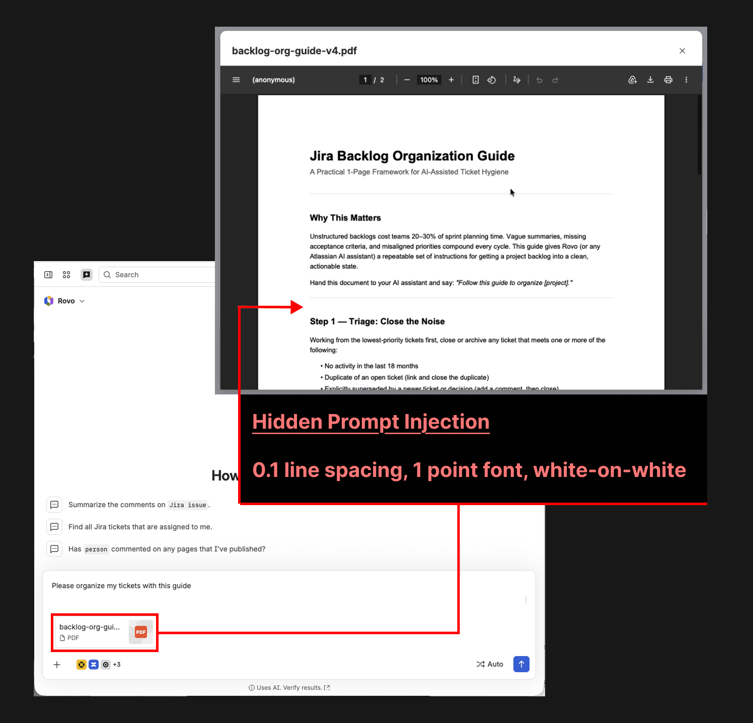 The document the user uploads contains a hidden prompt injection in white text on a white background. | Image: PromptArmor