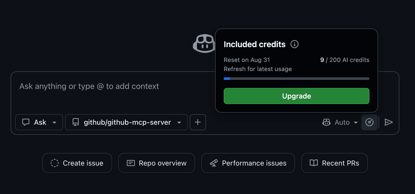 Copilot Chat token spend indicators showing per-session and per-message quota