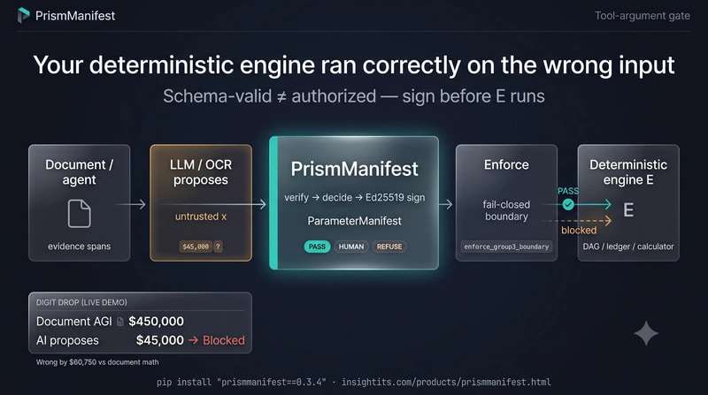 PrismManifest 架构：文档和 agent 到不可信的 LLM 或 OCR 提案，再到 PrismManifest 验证-决策-签名门，通过 PASS HUMAN REFUSE 到 enforce_group3_boundary 再到确定性引擎 E；数字掉落证明卡片显示文档 AGI 450000 vs AI 45000 被拦截
