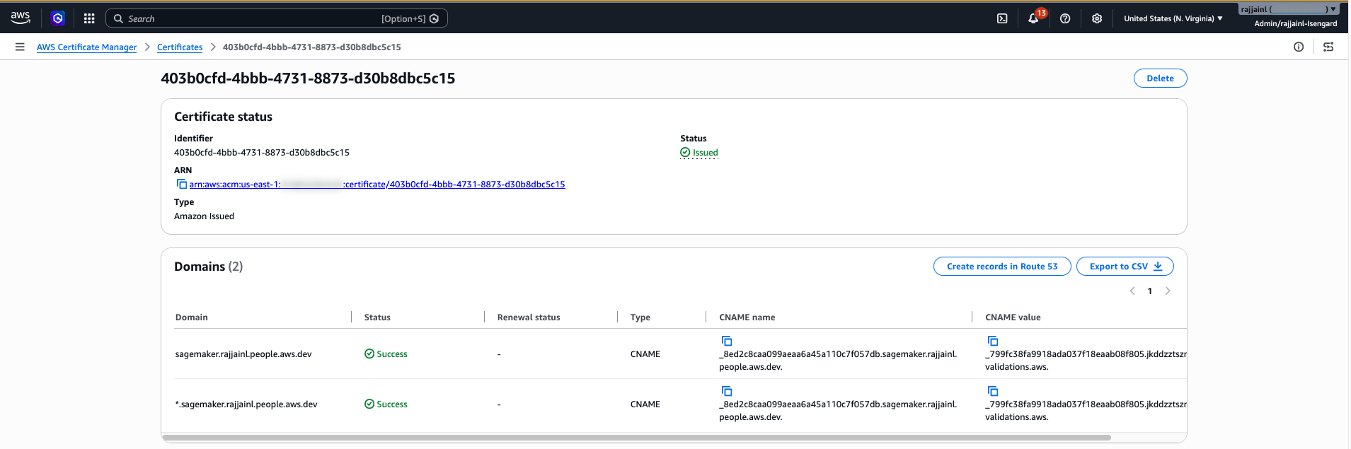 ACM console showing an issued certificate for the domain and its wildcard subdomain
