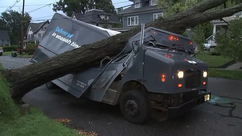A massive tree fell onto an Amazon delivery truck during storms in New Jersey, crushing the...