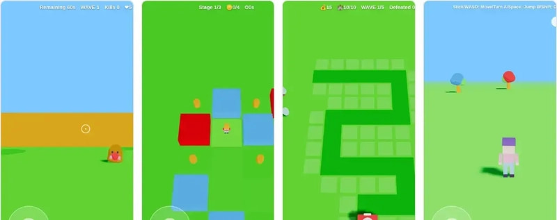 四个模板截图：FPS、迷宫、塔防和最小骨架
