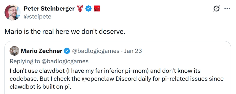 openclaw creator praising pi agent creator