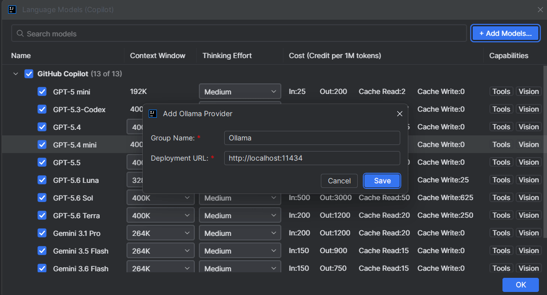 JetBrains 中 Ollama 提供方配置和模型选择