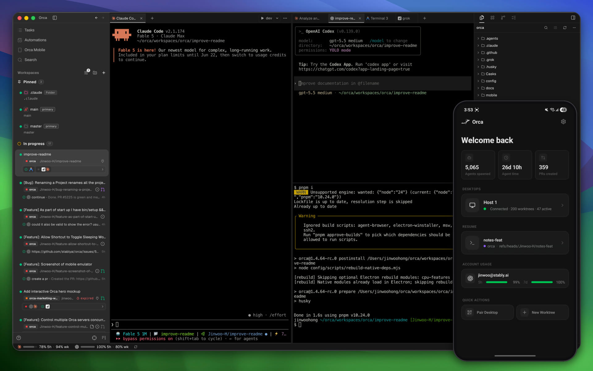 Orca desktop app running agents in parallel worktrees, with the Orca mobile companion app in the corner
