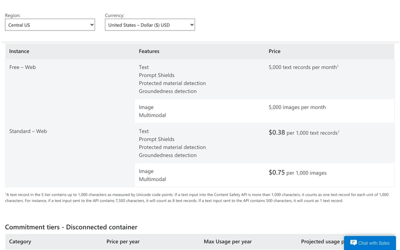 The Azure AI Content Safety pricing page for Central US in USD, showing a free web tier of 5,000 text records and 5,000 images per month, and a standard web tier at $0.38 per 1,000 text records and $0.75 per 1,000 images, both covering Text, Prompt Shields, protected material detection and groundedness detection