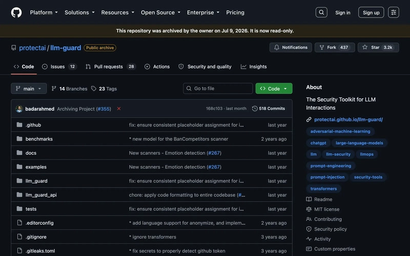 The protectai/llm-guard repository on GitHub showing a banner reading 