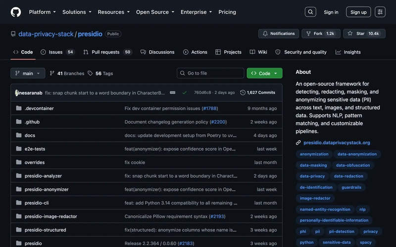 The presidio repository on GitHub under the data-privacy-stack organization, showing 10.4k stars, an MIT license, and a description covering detection, redaction, masking and anonymization of sensitive data across text, images and structured data