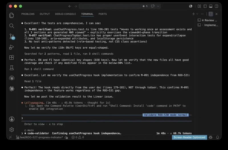 A validator agent working through a task: citing a test file and line range, checking that the EN and FI translation keys have identical shapes, reading the hook implementation, and confirming a claim against the source rather than against the developer's summary.