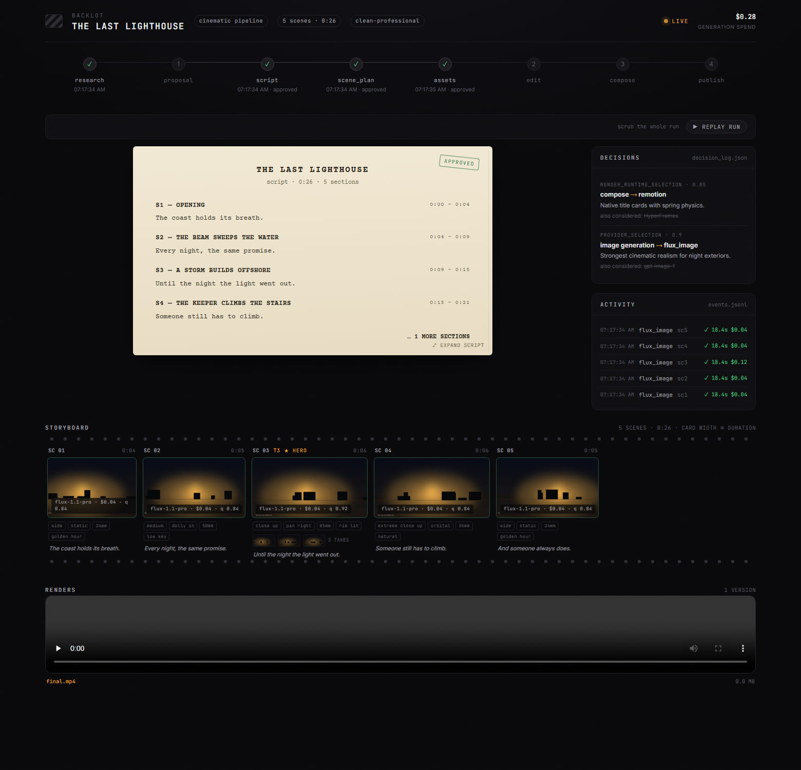 Backlot storyboard — filmstrip with takes and renders