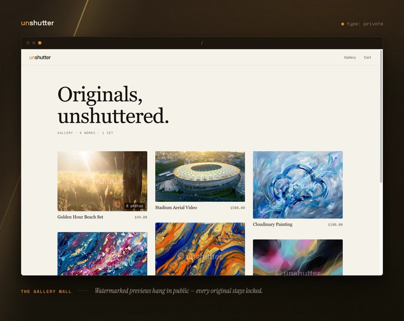 The unshutter gallery — watermarked previews on a warm gallery wall, originals locked behind the media layer