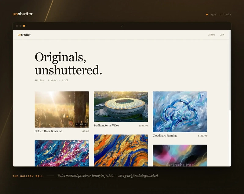 The unshutter gallery: watermarked previews on a warm gallery wall, originals locked behind the media layer