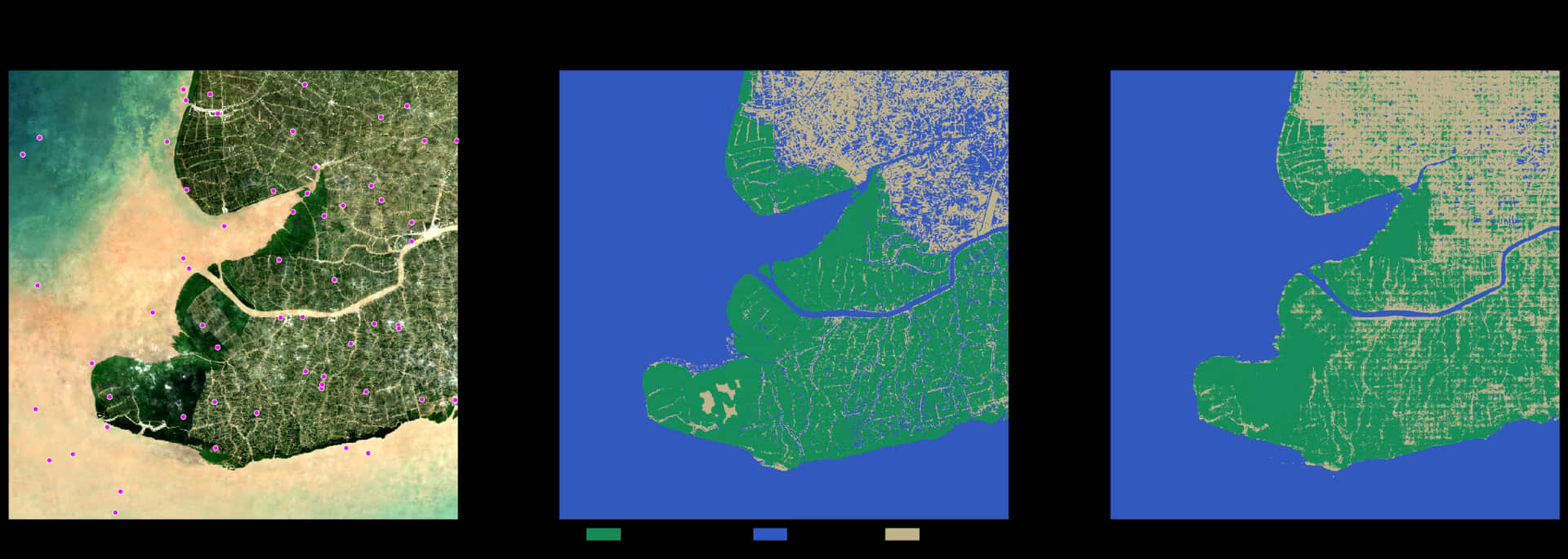 越南金瓯省 60 个标注像素的小样本分类：Sentinel-2 RGB、ESA WorldCover 参考图，以及 F1 0.84 的预测红树林/水体/其他地图