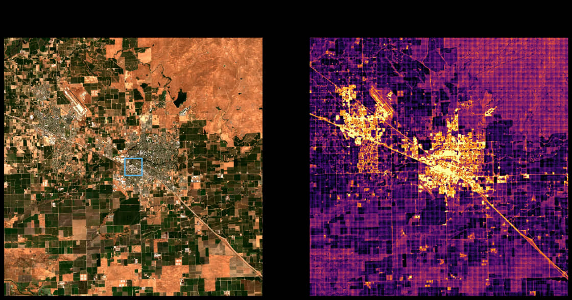 加利福尼亚州默塞德周围农田的 Sentinel-2 影像，查询像素用蓝色框标出，旁边是匹配的余弦相似度热力图，其中城市核心和道路走廊在黑暗农田背景下呈现黄色