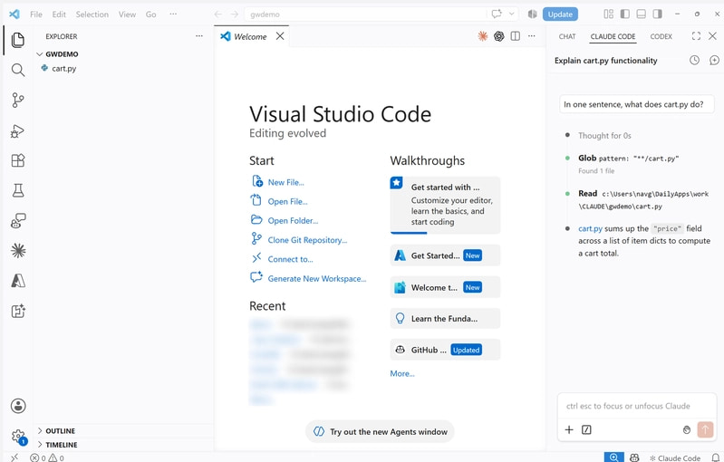Claude Code VS Code 面板通过治理网关回答关于文件的问题，已调用 Glob 和 Read 工具，无任何登录提示