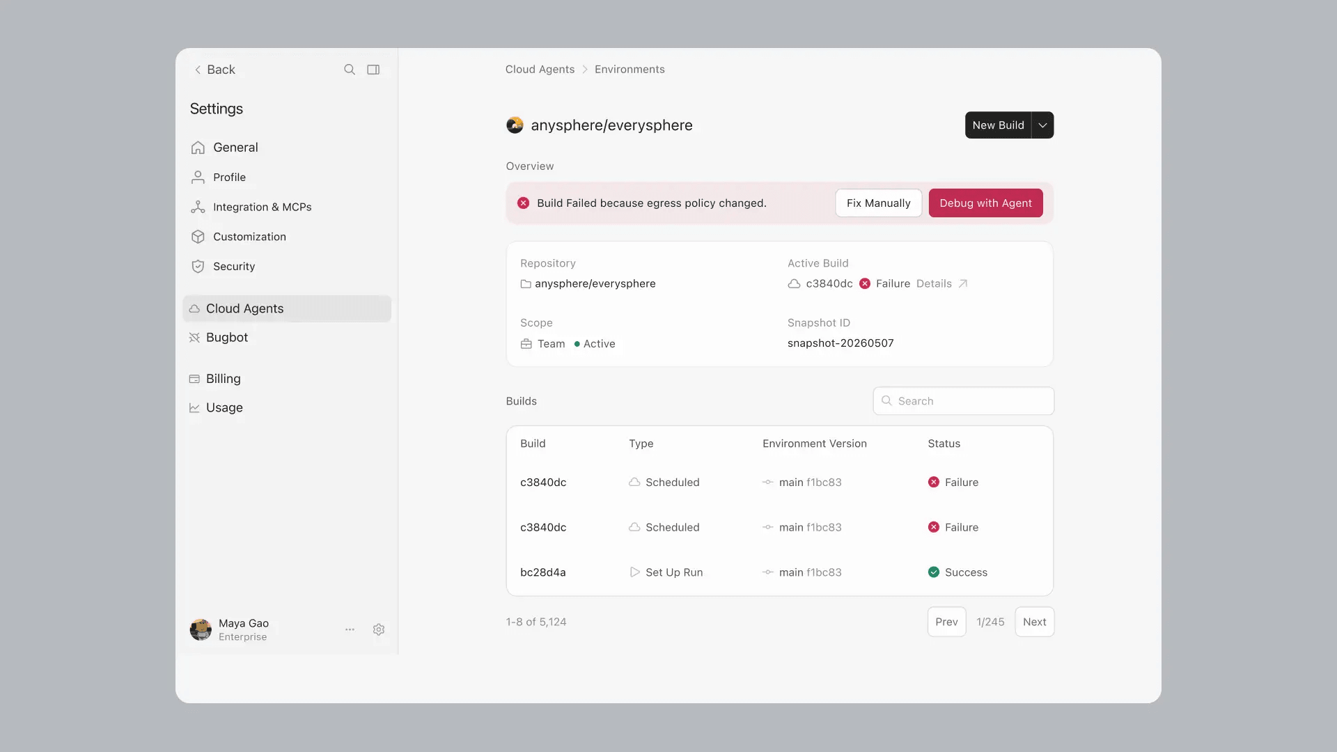 Build details in the Cloud Agents dashboard, including logs and commit SHAs