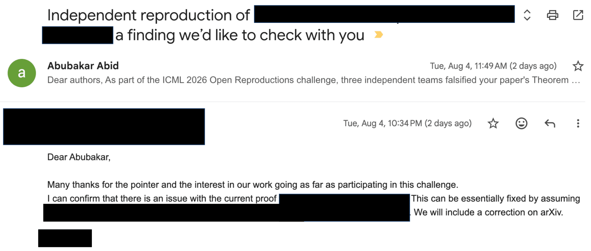 An author response confirming the finding and promising an arXiv correction