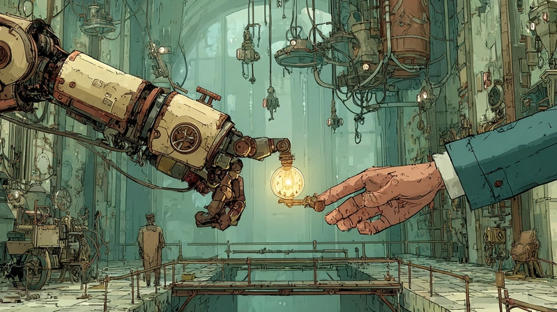A mechanical arm holds out a small glowing artifact toward an open human hand. The two never touch — the light hangs in the gap between them.