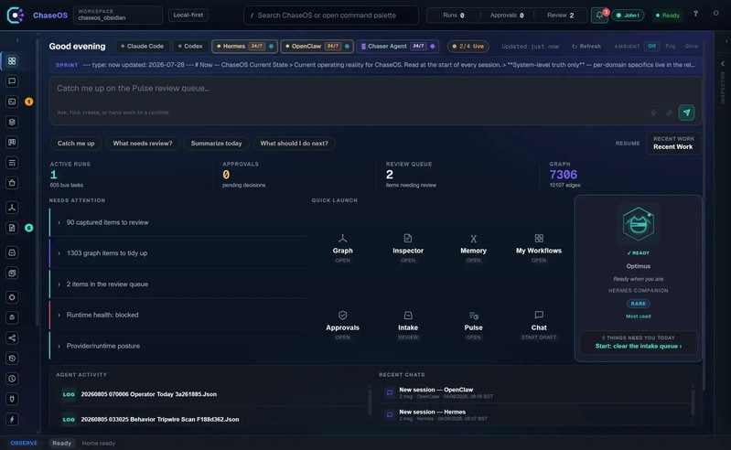 ChaseOS Studio home showing projects, agents, approvals, and graph state