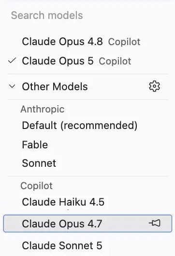 VS Code model picker in a Claude session, with models grouped under Anthropic and Copilot.