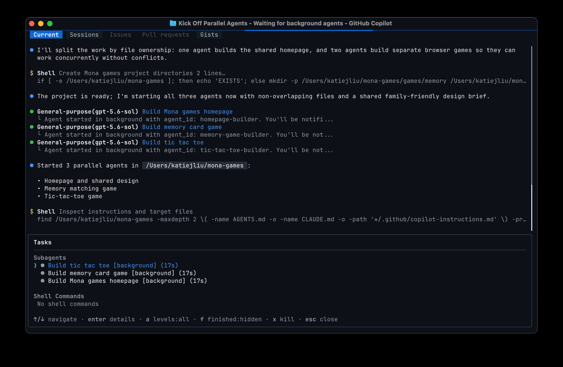 Copilot CLI running three parallel background agents, with the Tasks panel showing each agent's status.