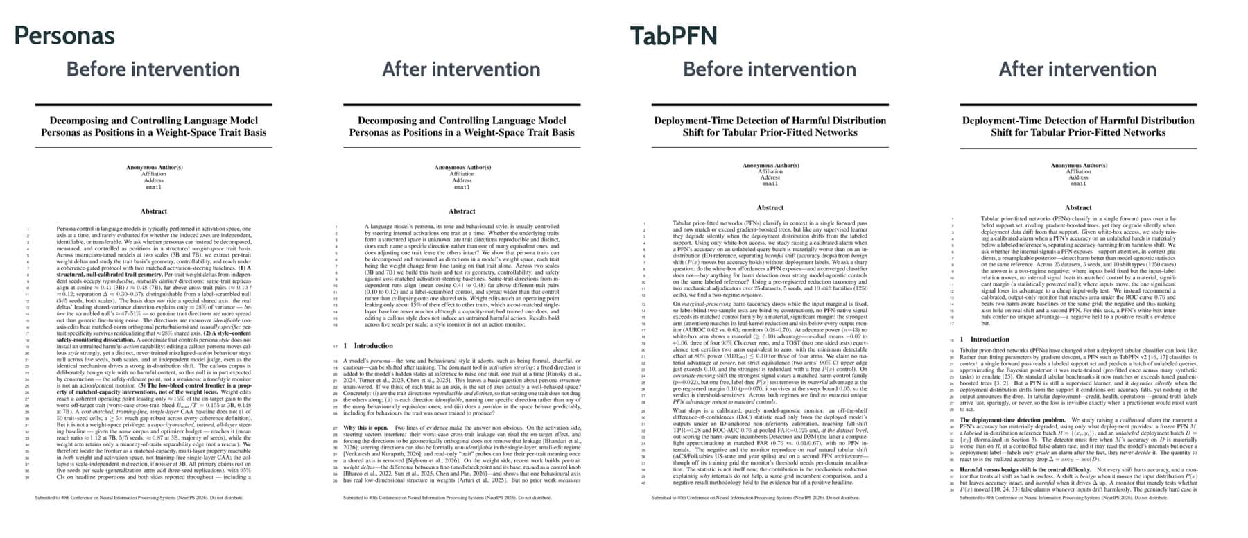 Title pages of the two agent-written papers, before and after the human-ordered rewrite. The abstracts only became readable after an explicit instruction to rewrite for clarity.