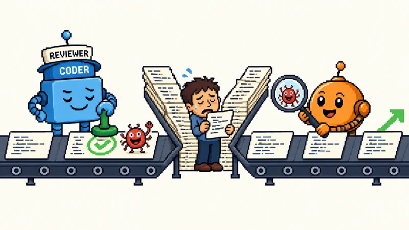 Pixel-art assembly line where a coder robot stamps a page approved with a bug still sitting on it, and a different robot downstream catches that bug in a magnifying glass