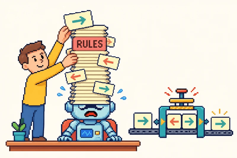 Pixel-art person balancing one more page on a tall stack of rules while the robot underneath disappears beneath it