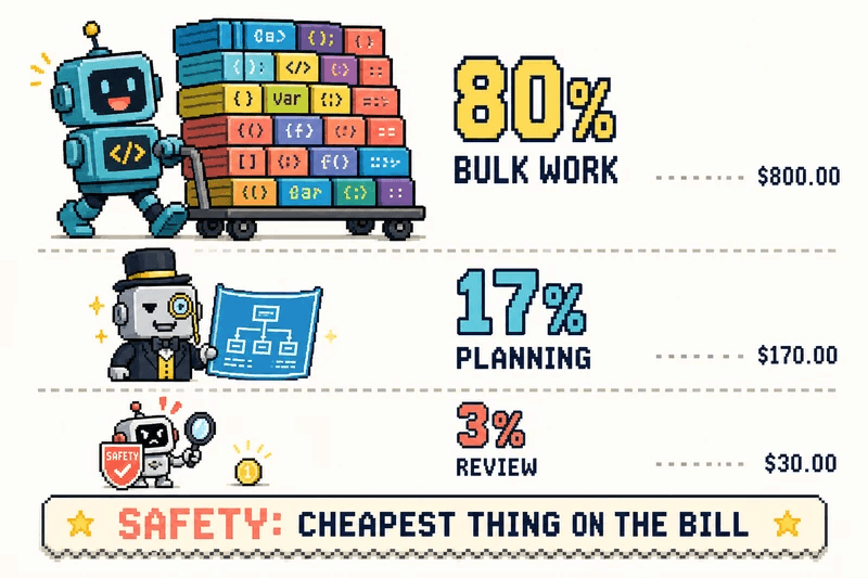 Pixel-art breakdown of a setup bill: eighty percent bulk work, seventeen percent planning, three percent review
