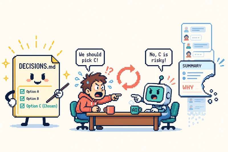 Pixel-art person and robot re-arguing a settled decision across a table while a DECISIONS.md file beside them already shows the chosen option