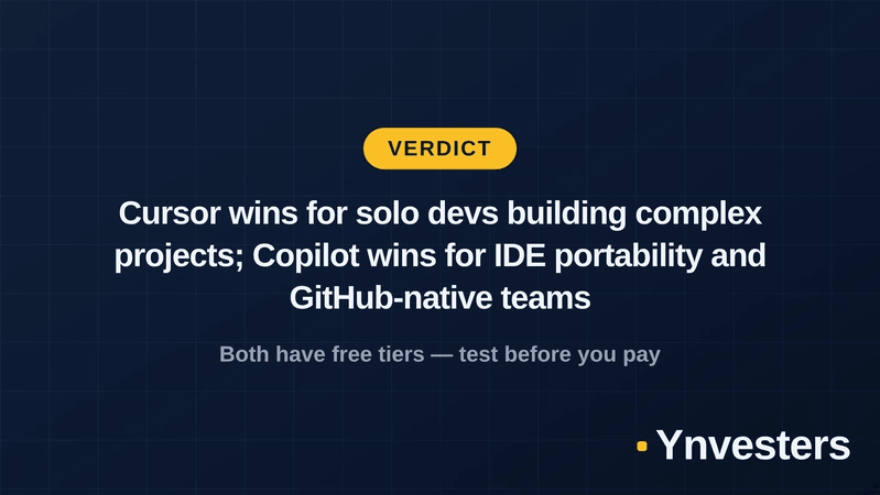 Verdict: Cursor wins for solo devs building complex projects; Copilot wins for IDE portability and GitHub-native teams