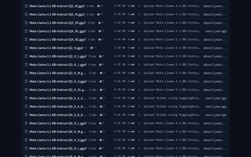 Hugging Face file listing for bartowski/Meta-Llama-3.1-8B-Instruct-GGUF showing Q4_K_M at 4.92 GB and other quant sizes