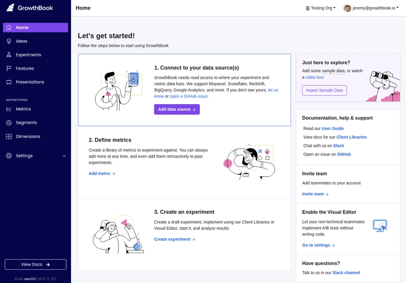 GrowthBook dashboard showing feature flags and experiment results