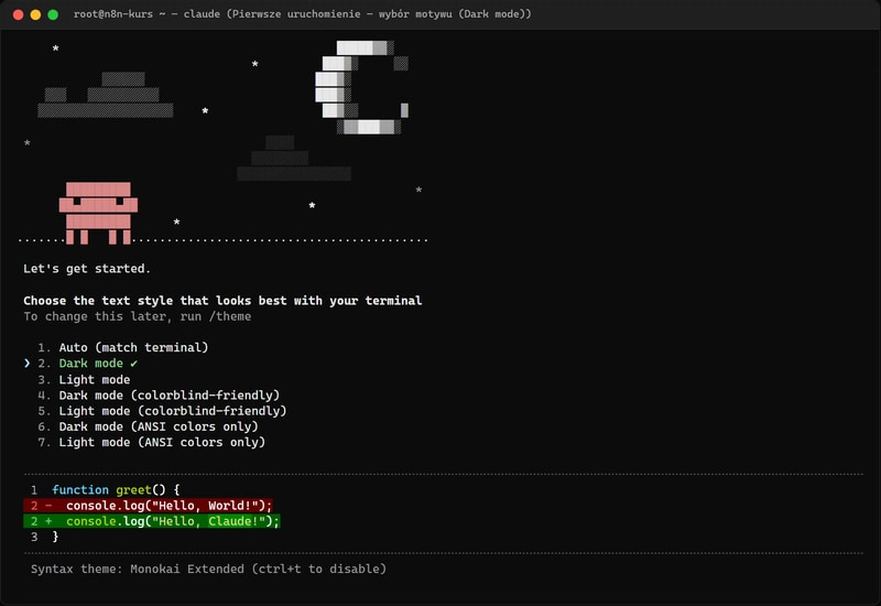 Claude Code -  ekran powitalny i wybór motywu Dark mode