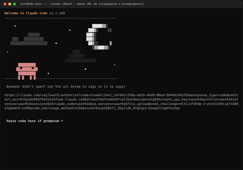 Claude Code -  URL OAuth do skopiowania