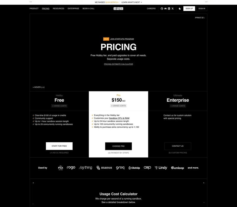 E2B's pricing page showing the free Hobby tier and the $150/mo Pro tier