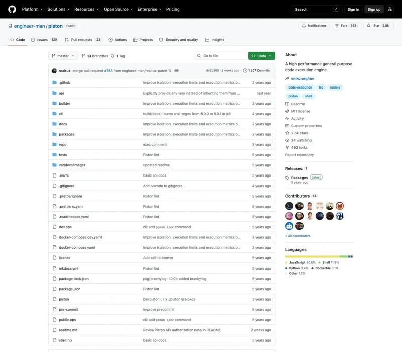 The engineer-man/piston GitHub repo showing 2.8k stars and its MIT license