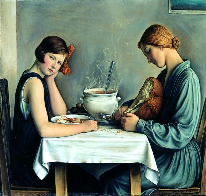 The painting 'La Tailleuse de Soupe' (The soup cutter) two stylized female figures are seated at a dinner table, in front of a pot of steaming soup. The figure to the right is cutting slices from a large loaf of bread.