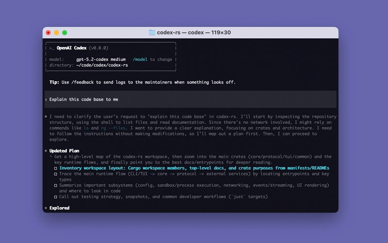 OpenAI 自己仓库中的 Codex CLI。模型计划使用 ls 和 rg --files,因为 Codex 给它的是一个 shell 而不是搜索工具。