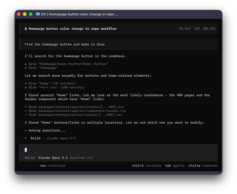 OpenCode 终端 UI,来自其自己的仓库。AI 智能体调用命名的 Grep、Glob 和 Read 工具,状态栏显示它正在运行 Claude Opus。