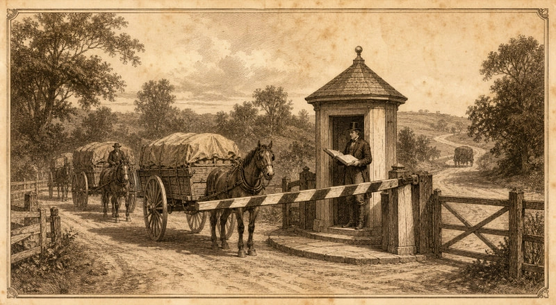 An antique engraved plate of a turnpike toll gate. A gatekeeper at a booth holds a large open rule book and checks an approaching loaded cart against it before deciding whether to raise the barrier. Two more carts wait behind, and one already waved through is small in the distance.