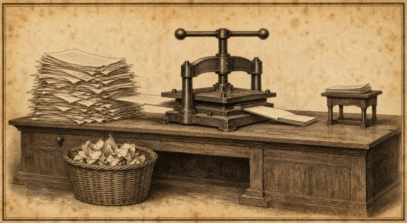 An antique engraved plate of a clerk's bench. A tall untidy heap of written sheets feeds into a heavy iron screw press, and a single thin folded booklet emerges from the other side, far smaller than the heap. A wicker basket on the floor holds crumpled sheets pulled from the heap before pressing, and a few of the newest sheets sit untouched on a stand.