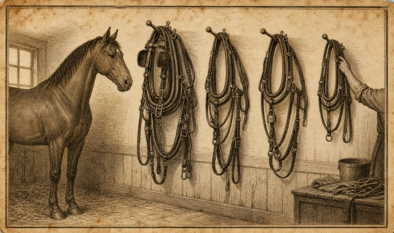 An antique engraved plate of a tack room wall hung with four complete harness sets for the same single horse, each cut differently: one full set with heavy blinders, one stripped down with no blinders, one with a closed padlock on its buckle, one small and plain. The horse waits unharnessed at the left while a hand lifts one set off its peg.