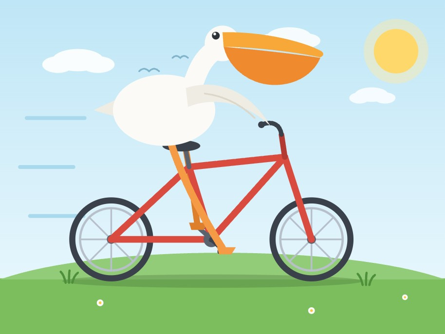 A very pleasing image of a pelican riding a bicycle. The bicycle is red and has the correct frame shape. The pelican looks like a pelican and has its wing extended to the handlebars.