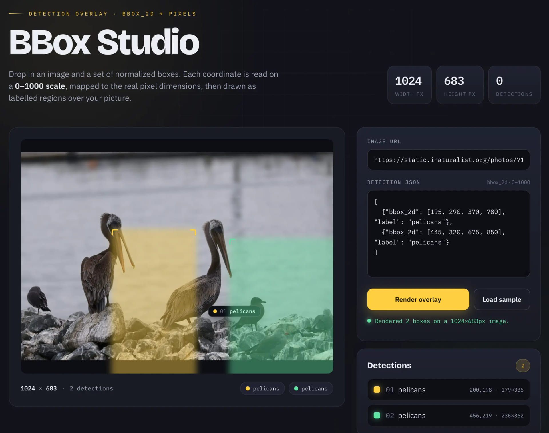 BBox Studio screenshot - a solid UI but the yellow and green boxes do not cover the pelicans.